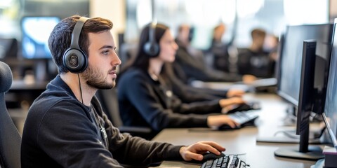 Professional support teams resolving customer issues and delivering personalized assistance through advanced technology in a high-tech office.