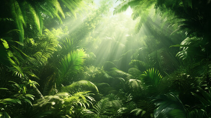 Gęste, zielone liście tropikalnych roślin, z promieniami słońca przebijającymi się przez koronę drzew, tworzący spokojną atmosferę w sercu natury.