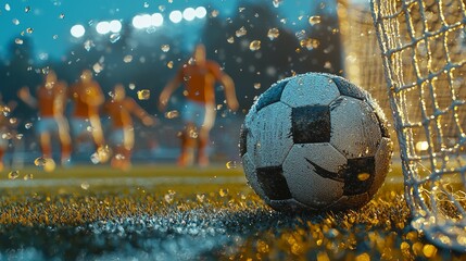 Dynamic Soccer Scene with Wet Ball and Players