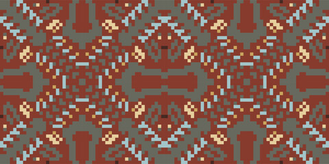 Obraz premium Pixel Art Abstract Ikat Design Patternfolk Embroidery, Aztec Geometric Ornament Print. Design for Carpet, Wallpaper, Clothing, Wrapping, Fabric