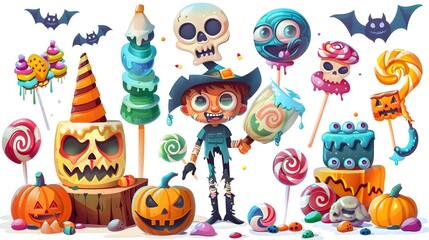 Fototapeta premium Halloween pumpkin and ghost vector illustration set for spooky holiday celebration with bat, witch, cat, and skull