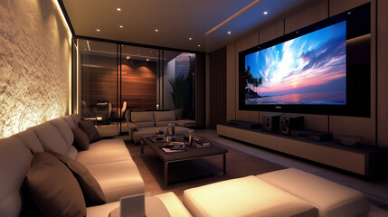 Obraz premium Stylowy salon z dużym telewizorem, wygodnymi fotelami i dekoracyjnymi akcentami. Idealne miejsce do spotkań z rodziną i przyjaciółmi, gdzie wieczory filmowe stają się prawdziwą przyjemnością.