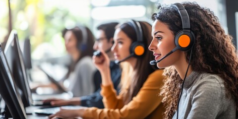A customer service team providing innovative solutions to client issues through advanced technology and personalized service in a modern office.