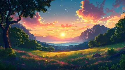 Majestic Field of Flowers with Mountain Backdrop