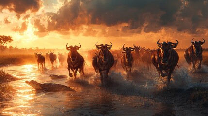 Herd of Wildebeests Crossing River at Sunset