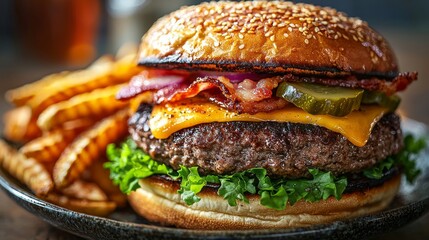 Delicious Cheeseburger with Bacon and Fries