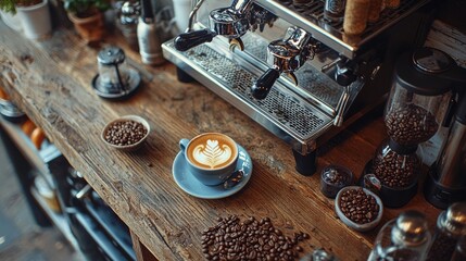 Cozy Coffee Shop with Latte Art and Beans