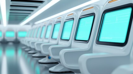 Obraz premium Futuristic train interior featuring sleek, minimalist seats and glowing screens, emphasizing modern design and technology.