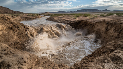 flash flood rapidly fills dry desert basin, creating powerful surge of water. dramatic contrast between arid landscape and rushing water evokes sense of urgency and natures force