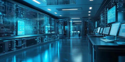 Fototapeta premium a network designers workspace, featuring digital tools used to create efficient and scalable network layouts for businesses or large facilities.