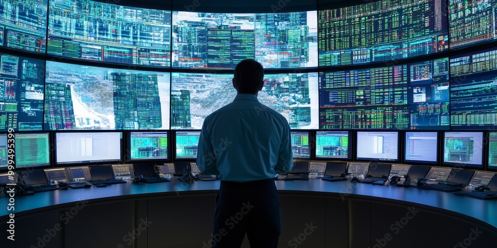 Aufkleber a network admin overseeing a large corporate network, with multiple screens showing live data and system health in a control center.
