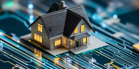 Obraz premium Macro shot of a smart home network design, using planning tools to map out device locations and connectivity paths for seamless operation.
