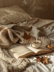 Cozy autumn concept - flat lay with knitted sweater, book and flowers on top of it