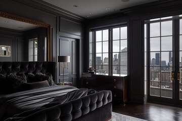 Fototapeta premium An elegant bedroom with dark gray walls, a black upholstered bed with dark satin bedding, and a dark wood vanity. A large, dark-framed window provides a view of the city skyline.