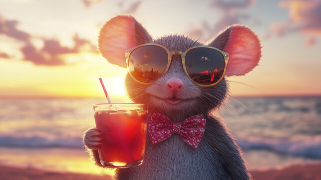 Urocza mysz w okularach, z drinkiem w ręku, ciesząca się relaksującą atmosferą wakacji przy zachodzie słońca.