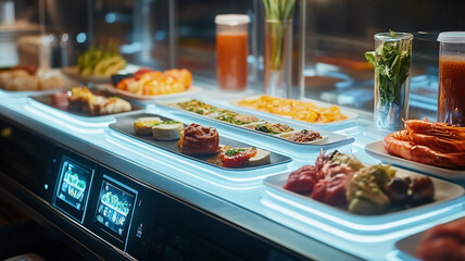 Fototapeta premium A stylish buffet display featuring a variety of dishes in a well-lit restaurant setting