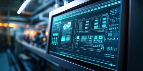 Obraz premium Focused image of an industrial control system with IoT devices integrated for optimal performance and real-time monitoring, improving production efficiency.