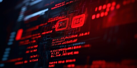 Fototapeta premium a computer screen displaying a red warning message during a cyber attack, with detailed code and system breach visualization.