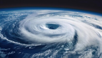 A stunning satellite view of a powerful hurricane swirling over the ocean, showcasing its massive eye and spiraling cloud formations.