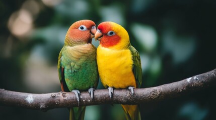 A pair of parrot wild lovebirds snuggled together on a branch