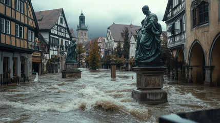 Obraz premium historical town is engulfed by rushing floodwaters, with statues standing amidst chaos. scene captures dramatic impact of nature on architecture and history
