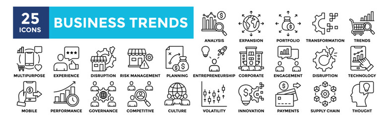 Business Trends icon collection set. Containing design business, financial, finance, trend, strategy, target