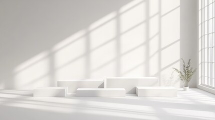 Fototapeta premium Abstract minimalist scene featuring an empty stage with six rectangular podiums on a white background complemented by soft window shadows ideal for showcasing cosmetic products and packaging mocku