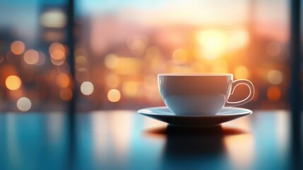 Fototapeta premium Cup of coffee with design set against a blurred background ideal for banners and promotional materials with ample copy space