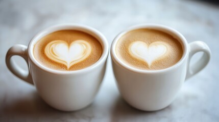 Obraz premium Close up of two white coffee cups featuring heart shaped lattes