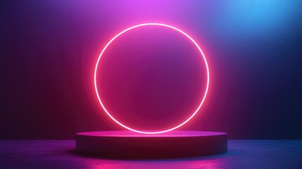 Fototapeta premium An AI generated image featuring a striking neon circle as a backdrop enhances the presentation of a product displayed on a podium