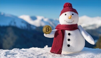 A cheerful snowman in a red scarf holds a Bitcoin against a picturesque winter landscape with snow-capped mountains.