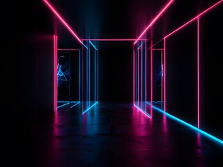 A room with a wall of neon lights