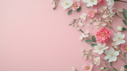 Obraz premium Floral banner on a soft pink backdrop Versatile greeting card design suitable for weddings Mother s Day or celebrating women Spring themed composition with ample blank space Flat lay perspective