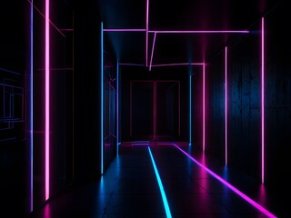 A room with a wall of neon lights