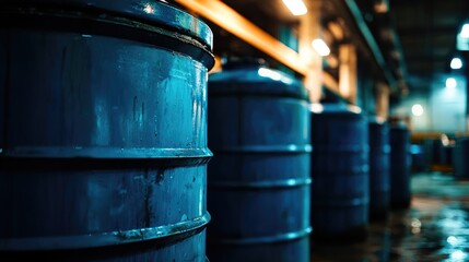 Obraz premium Close up of blue industrial barrels in a dimly lit warehouse featuring an atmospheric glow