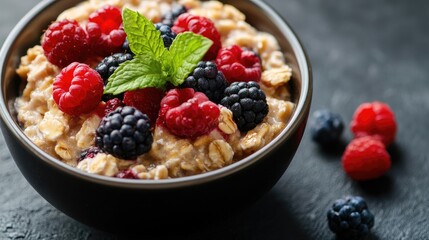 Tasty oatmeal served with fresh berries and mint offering a vibrant and colorful presentation for a healthy breakfast choice