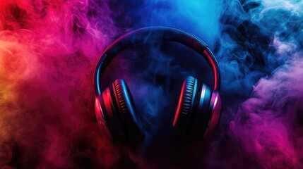 Headphones surrounded by a colorful smoke backdrop representing a lively sound and music theme