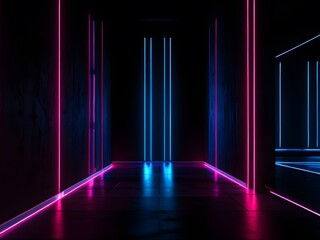 A room with a wall of neon lights