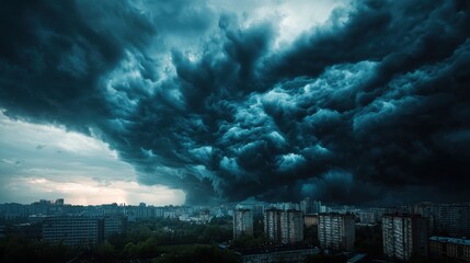 A dramatic shot of dark storm clouds rolling in over an urban landscape, emphasizing the power of nature.