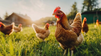 Fototapeta premium Chickens in the natural environment with a low angle perspective on a farm