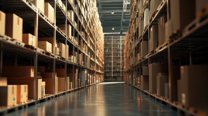 Warehouse interior featuring shelves filled with cardboard boxes Commercial logistics storage for retail goods supply facilitating package distribution sorting and delivery