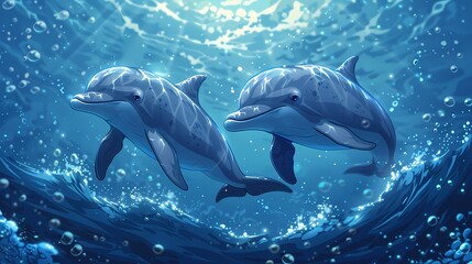 Naklejka premium Playful Dolphins Swimming in Crystal Clear Water