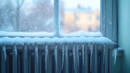 A close up view of a radiator adorned with snow and icicles set against the scene of a winter day visible through a window