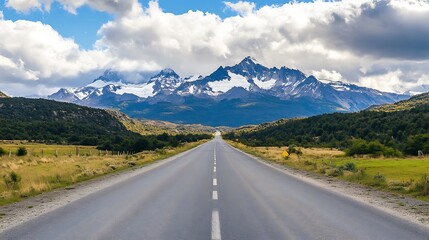 Naklejka premium Empty Road Leading to Snow-Capped Mountains