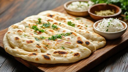 Flatbreads arranged on a wooden tray alongside small bowls containing rice and parsley