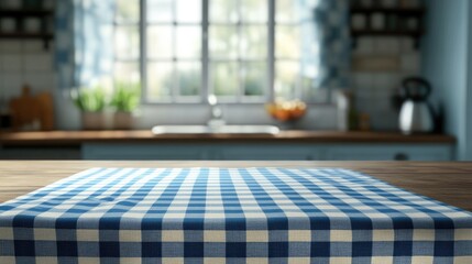 Contemporary kitchen scene featuring a wooden table adorned with a blue and white checkered tablecloth set against a softly blurred background High quality image