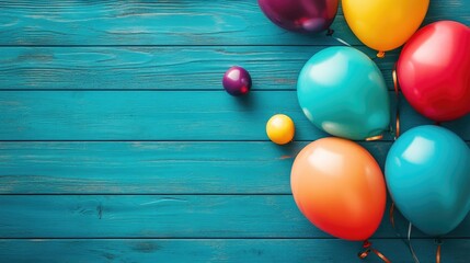 Obraz premium Colorful balloons arranged on a blue wooden table creating a vibrant flat lay scene Ideal for a birthday or celebration backdrop with ample space for text