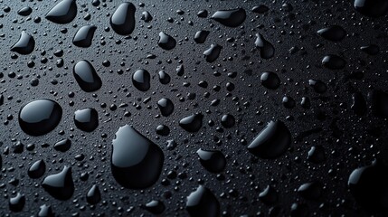 Water drops on a black background. Texture with realistic macro droplets. Splashes on the surface. Abstract wallpaper with bubbles