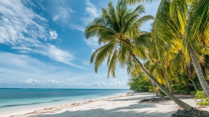 Fototapeta premium Lush palm trees border white sandy beaches blending seamlessly with the vibrant blue ocean on a bright sunny day forming a tropical paradise