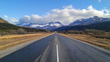 Fototapeta premium Asphalt Road Leading Towards Majestic Snow-Capped Mountains